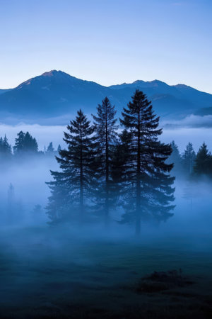 Foggy morning in the Carpathian mountains, Ukraine.の素材