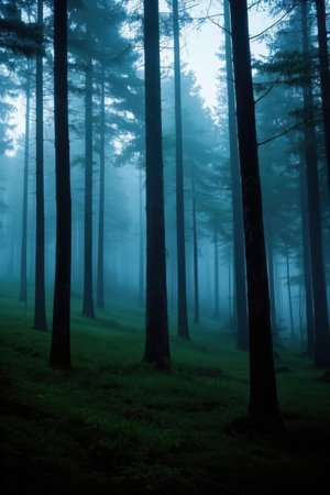 Mysterious forest in the morning. Foggy foggy forestの素材
