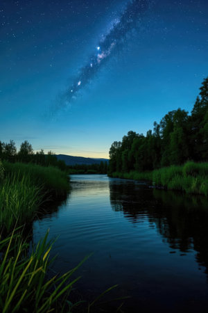 Milky way over the river at night. Beautiful summer landscape.の素材