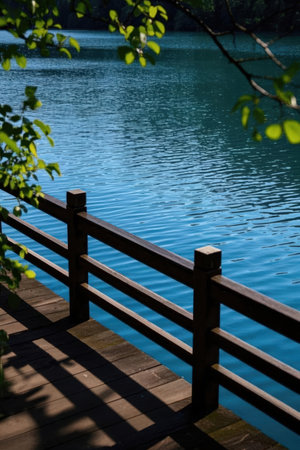 Wooden bridge over a lake in Plitvice Lakes National Park, Croatiaの素材