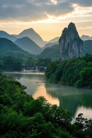 Landscape scenery view of karst mountains and river at sunsetの素材