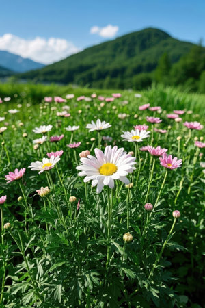 White and pink daisies in a meadow in the mountainsの素材