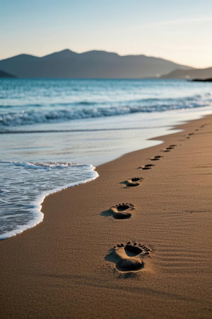 Footprints in the sand on the beach at sunset, Crete, Greeceの素材