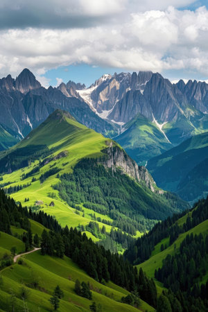 Mountain landscape with snow-capped peaks in Dolomites, Italyの素材