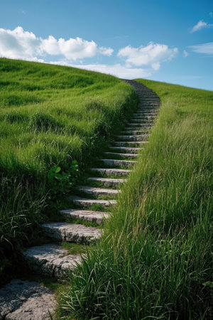 Staircase on the hill with green grass and blue sky.の素材