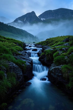Mountain stream in the morning fog. Long exposure shot. Norway.の素材