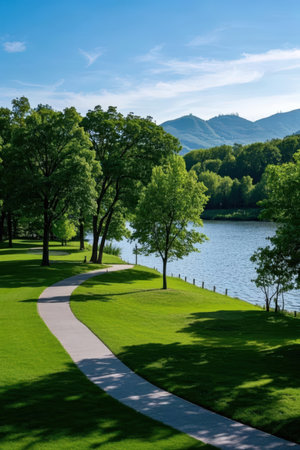 Park on the lake in the mountains. Beautiful landscape with green treesの素材