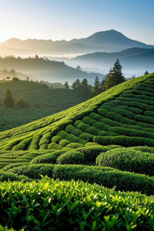 Tea Plantation at Sunrise, Chiang Rai Province, Thailand.の素材