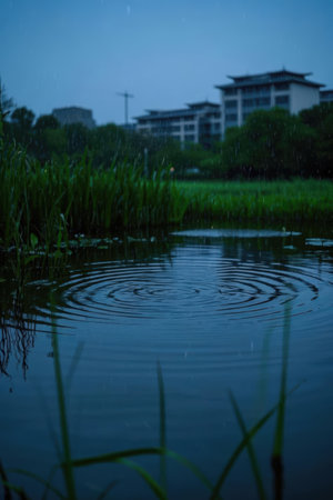 raindrops on the water in the park at night with buildings in the backgroundの素材