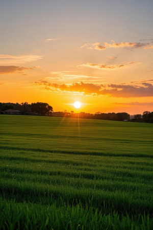 Sunset over a green field with grass and trees in the backgroundの素材