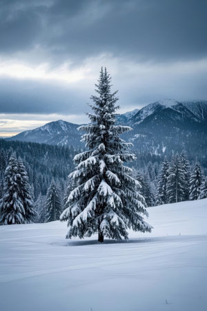 Beautiful winter landscape with snow covered fir tree (Carpathian Mountains, Ukraine)の素材