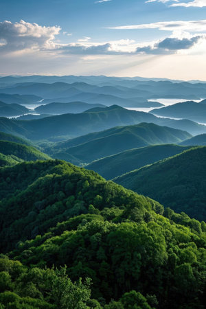 View from the top of the mountain to the valley covered with forest.の素材
