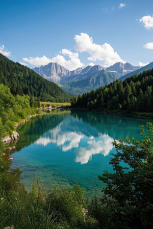Mountain lake with reflection in the water. Caucasus Mountains, Russiaの素材