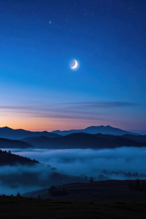 Beautiful mountain landscape at night with moon and stars in the skyの素材