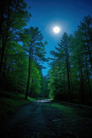 Forest road at night with full moon in the sky. Natural landscape.の素材