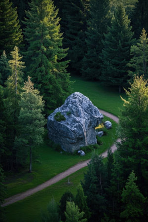 Beautiful view of a stone in the middle of the forest.の素材