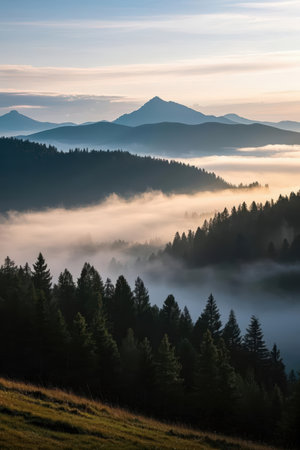 Morning fog in the Carpathian mountains. Ukraine, Europe.の素材