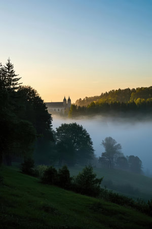 Foggy morning at the castle in the valley of the river Rhine, Germanyの素材