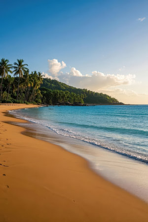 Tropical beach with palm trees and blue sky at sunset.の素材