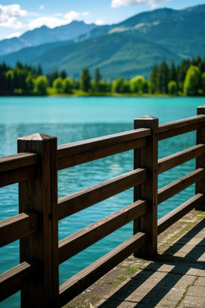Wooden fence on the shore of a lake in the Alps.の素材