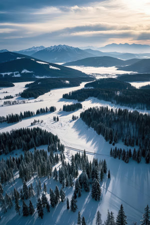 Aerial view of winter mountain landscape with snow covered fir trees at sunset.の素材