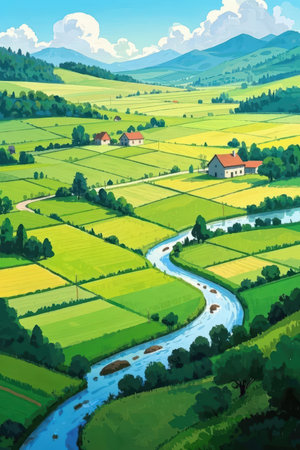 Rural landscape with river and village in the mountains. Vector illustration.の素材