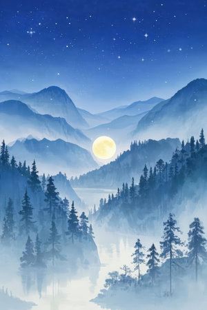 Foggy winter landscape with mountains, coniferous forest and moonの素材