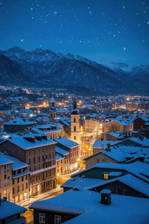 Panoramic view of the city of Salzburg at night, Austriaの素材