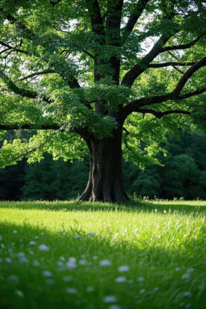 Big oak tree in the park with green grass and dandelionsの素材