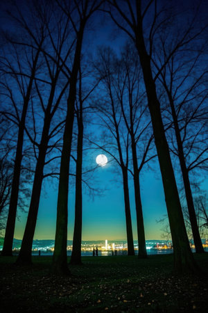 Full moon over the city at night with trees in the foreground.の素材