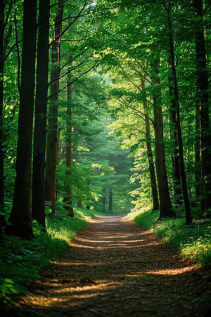 beautiful green forest in the morning. nature green wood sunlight backgroundsの素材
