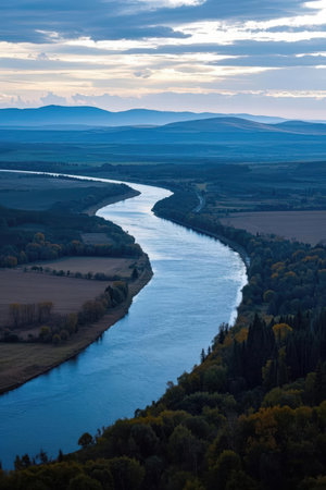 Aerial view of the river Dniester at sunset, Ukraineの素材