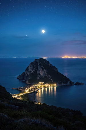Moonlight over the sea and mountain at night. Crimea, Ukraineの素材