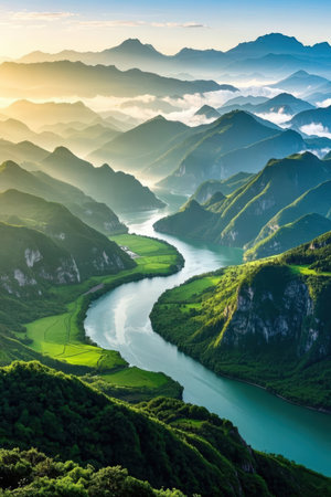 Mountain landscape with lake and fog in the morning at sunrise.の素材