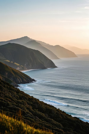 Sunset over the Pacific Ocean, South Island, New Zealand.の素材