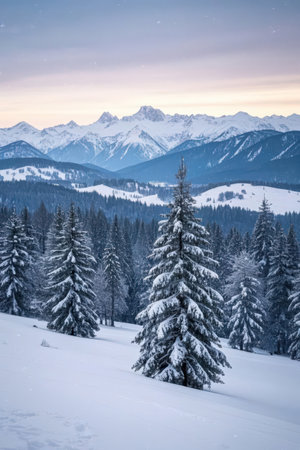Beautiful winter landscape with snow covered fir trees in mountains at sunsetの素材