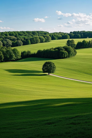 Beautiful summer landscape with green meadow and trees in the countrysideの素材