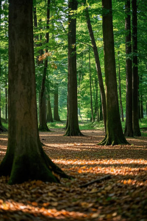 beautiful green forest in spring time with sun rays and long shadowsの素材