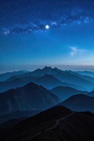Mountain landscape at night with starry sky and milky wayの素材