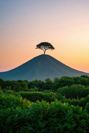 Silhouette of tree on Mount Batur, Bali, Indonesiaの素材