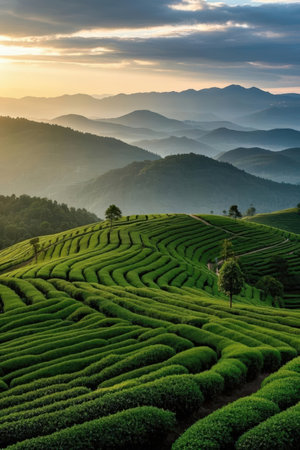 Tea Plantation at Sunrise in Chiang Rai Province, Thailand.の素材