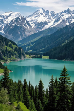 Beautiful mountain lake in the Alps with high mountains in the backgroundの素材