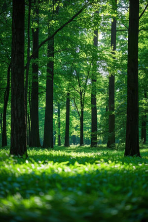 beautiful green forest background in a sunny day. nature green woodの素材