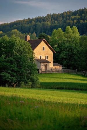 Old house in the middle of a green meadow in Bavariaの素材