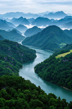 Mountain landscape with lake and forest in summer, North China.の素材
