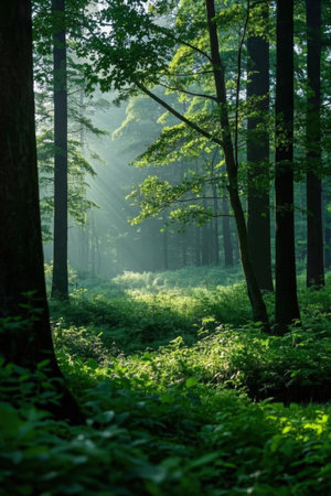 Morning in the forest. Sun rays through the tree trunks.の素材