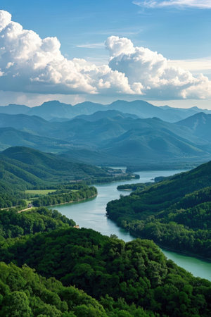 Mountain landscape with lake and blue sky. View from above.の素材