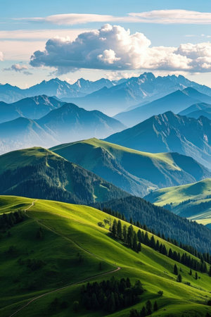 Mountain landscape in the Carpathian Mountains. Ukraine, Europe.の素材