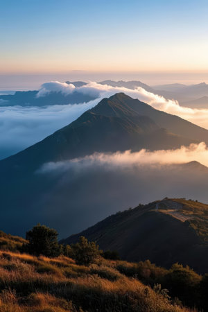 Sunrise over the clouds in the mountains, Carpathians, Ukraineの素材