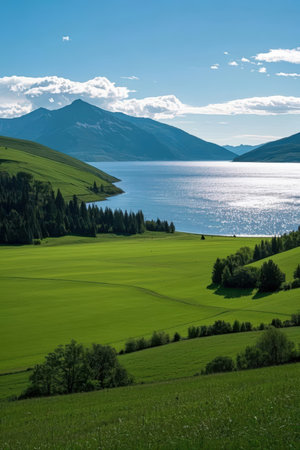 Landscape with lake, mountains and blue sky. Siberia, Russiaの素材